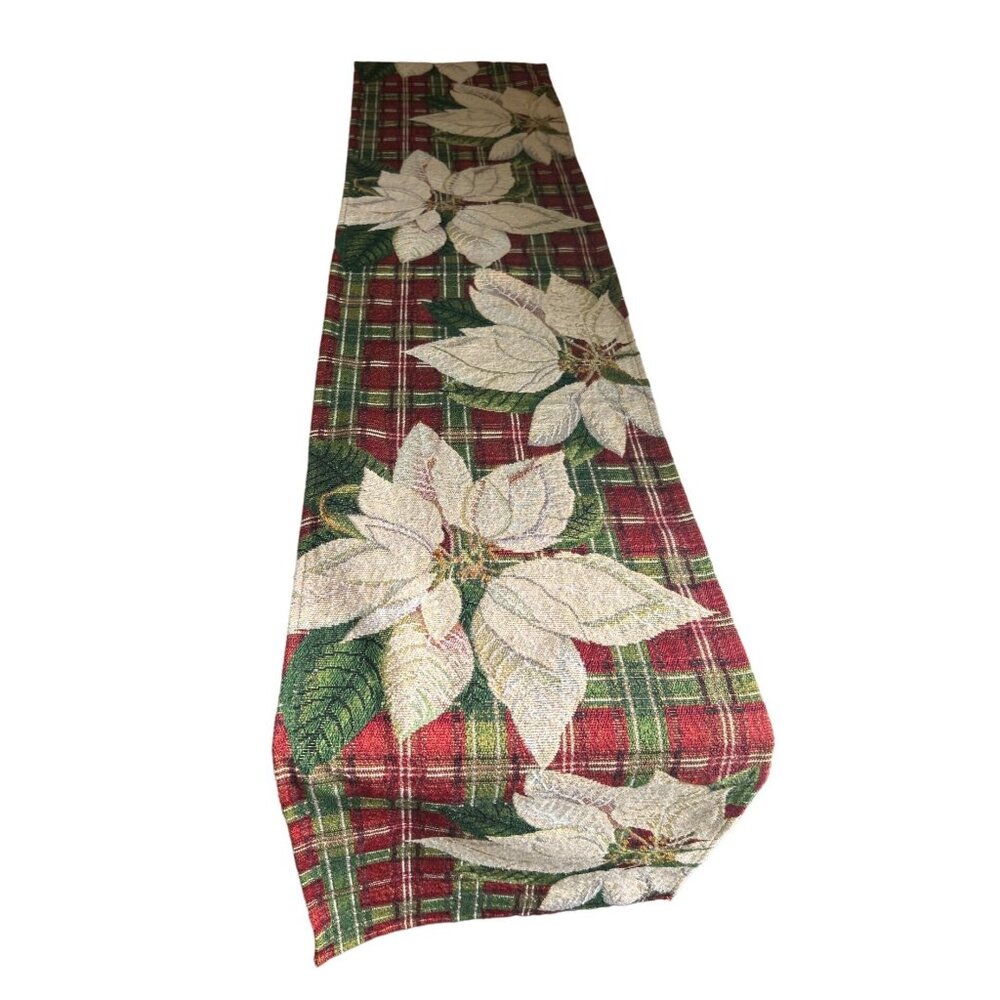 Holiday Poinsettia Tapestry Table Runner With Red & Green Plaid Design 67” Long